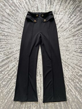 High-Waist Wide Leg Pants with Button Detail - Black